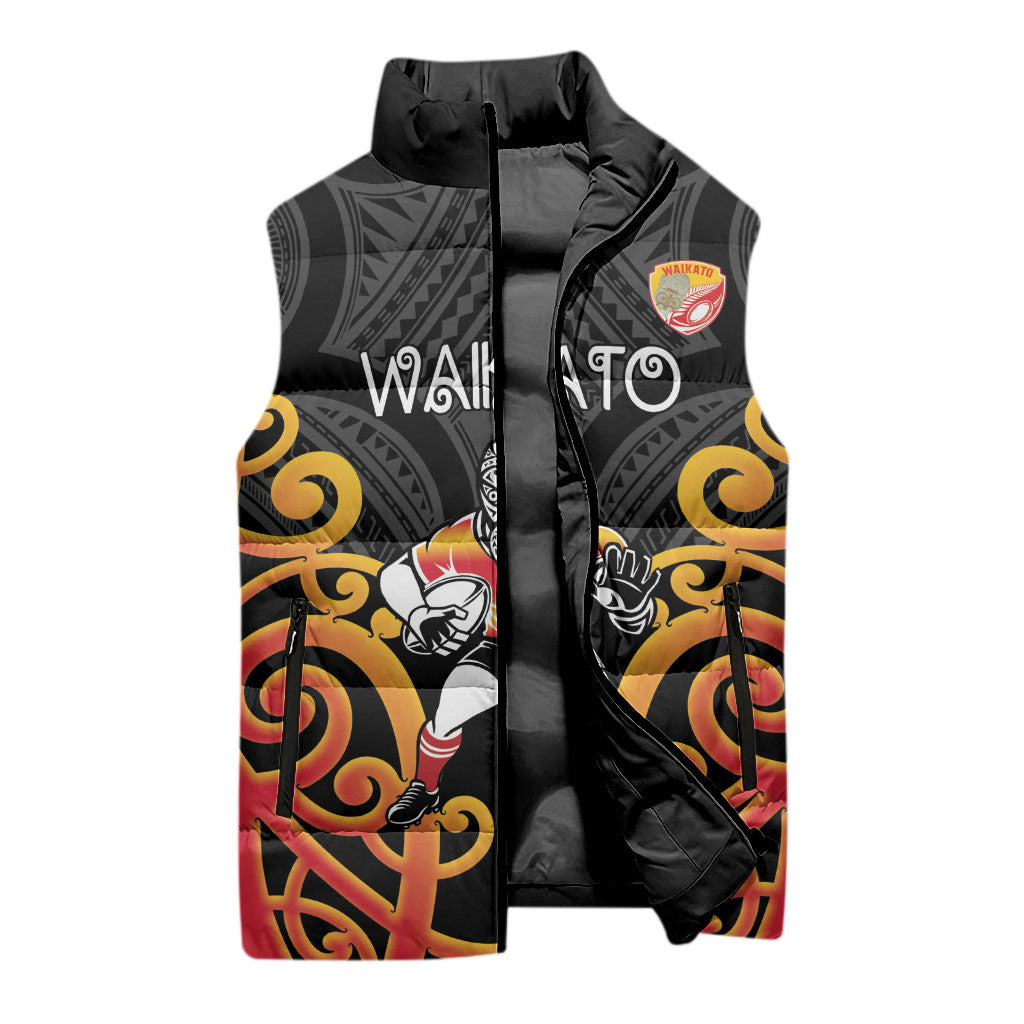 Waikato Custom Rugby New Zealand Sleeveless Puffer Jacket Aotearoa Maori Pukana Tiki Mascot