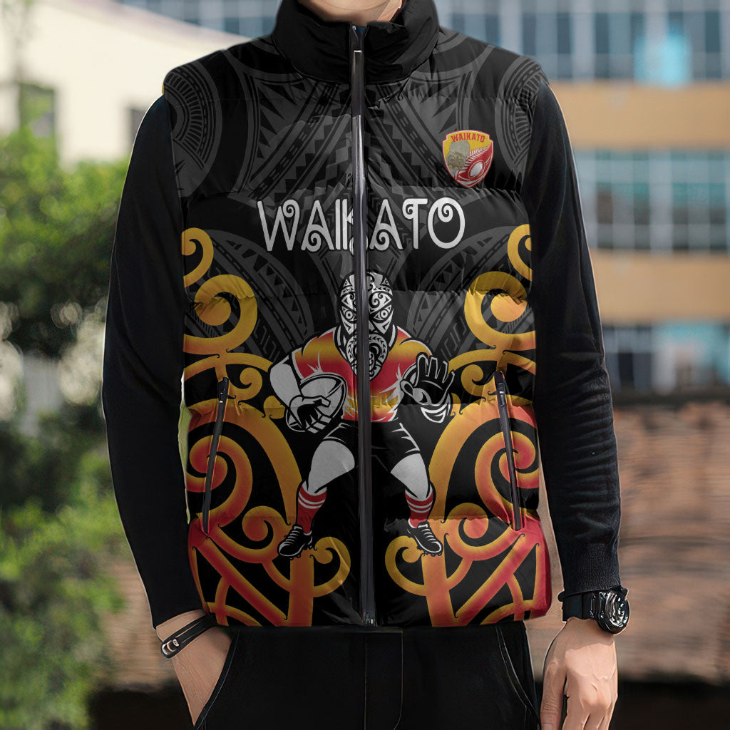Waikato Custom Rugby New Zealand Sleeveless Puffer Jacket Aotearoa Maori Pukana Tiki Mascot