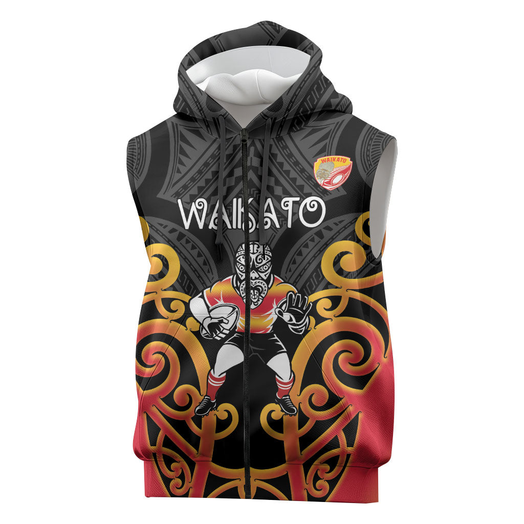 Waikato Custom Rugby New Zealand Sleeveless Zip Hoodie Aotearoa Maori Pukana Tiki Mascot