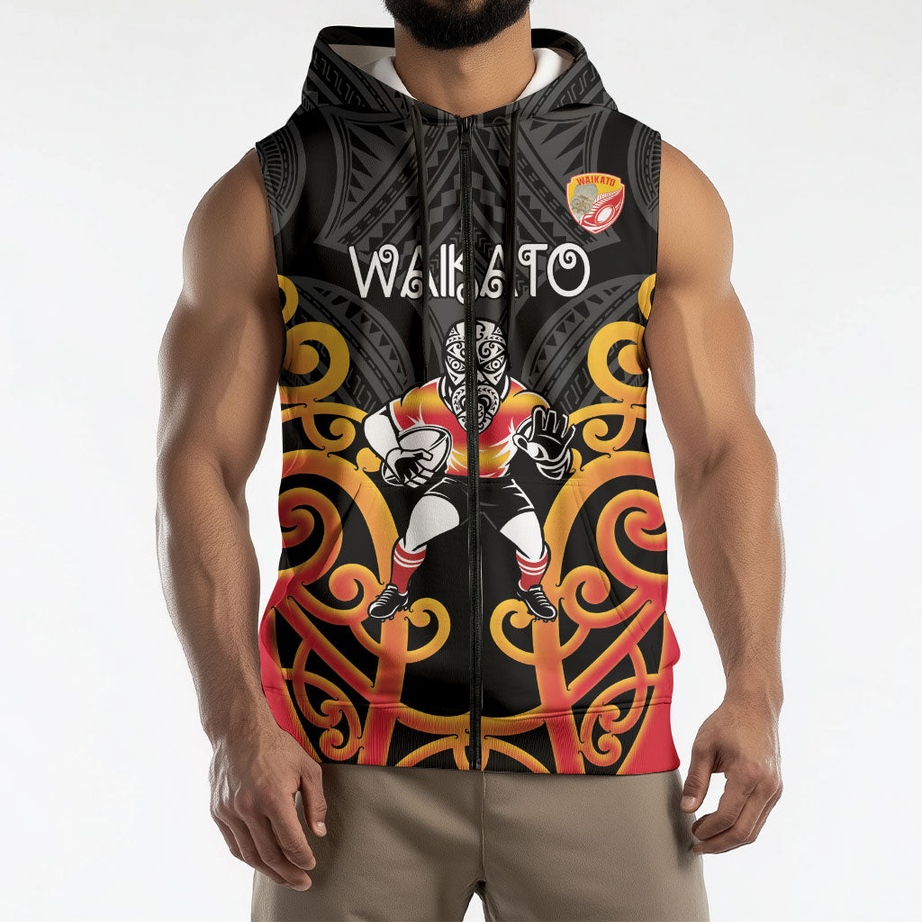 Waikato Custom Rugby New Zealand Sleeveless Zip Hoodie Aotearoa Maori Pukana Tiki Mascot