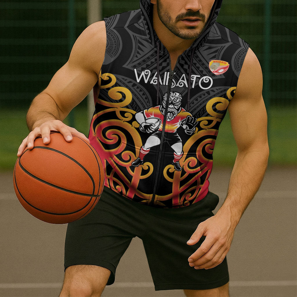 Waikato Custom Rugby New Zealand Sleeveless Zip Hoodie Aotearoa Maori Pukana Tiki Mascot