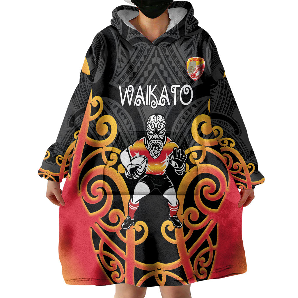 Waikato Custom Rugby New Zealand Wearable Blanket Hoodie Aotearoa Maori Pukana Tiki Mascot