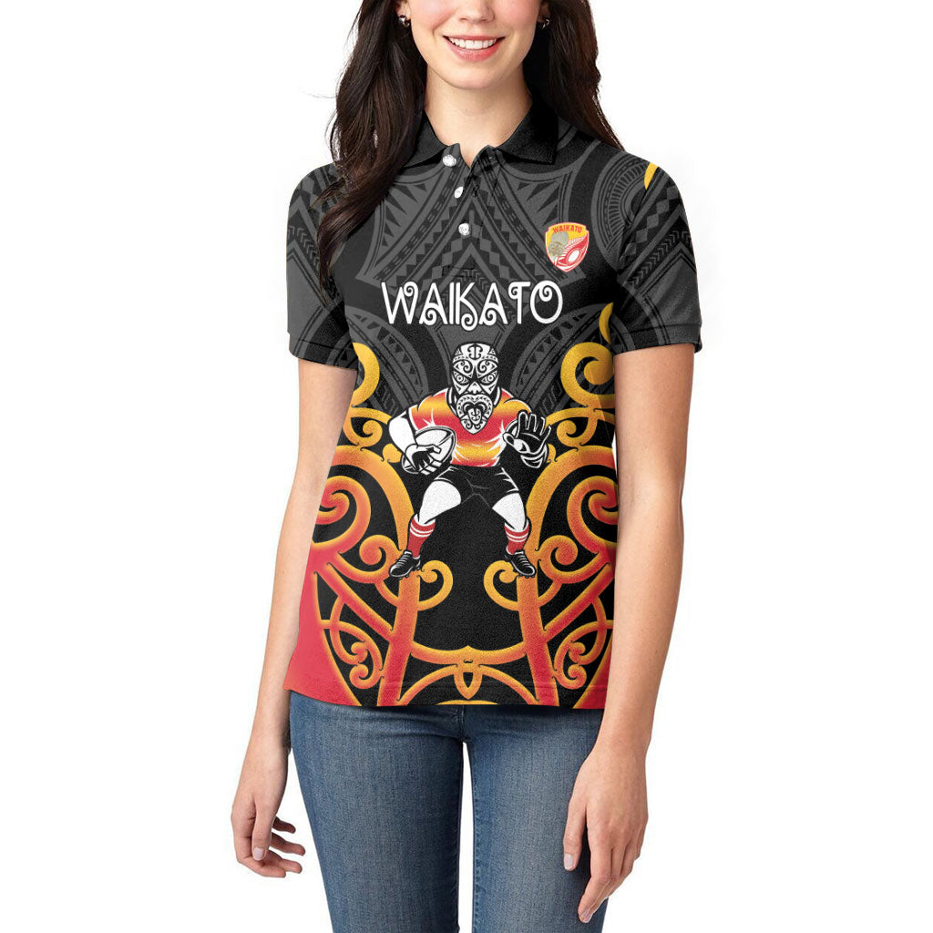 Waikato Custom Rugby New Zealand Women Polo Shirt Aotearoa Maori Pukana Tiki Mascot