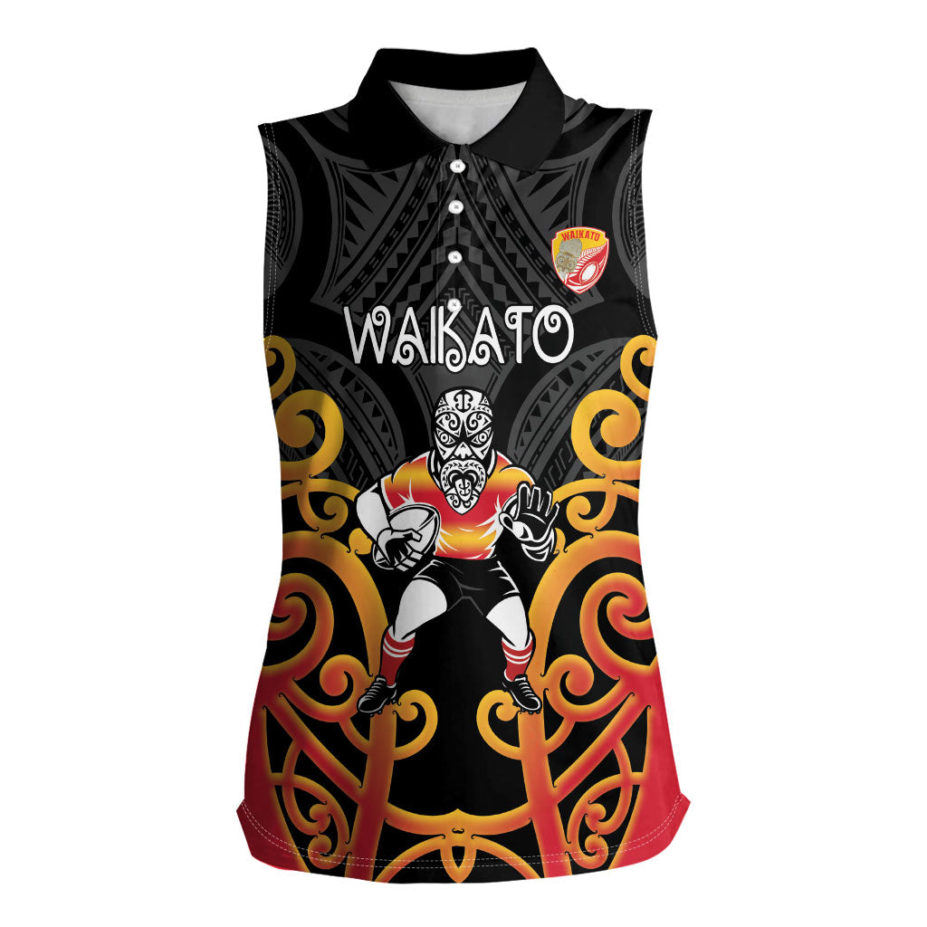 Waikato Custom Rugby New Zealand Women Sleeveless Polo Shirt Aotearoa Maori Pukana Tiki Mascot