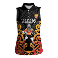 Waikato Custom Rugby New Zealand Women Sleeveless Polo Shirt Aotearoa Maori Pukana Tiki Mascot