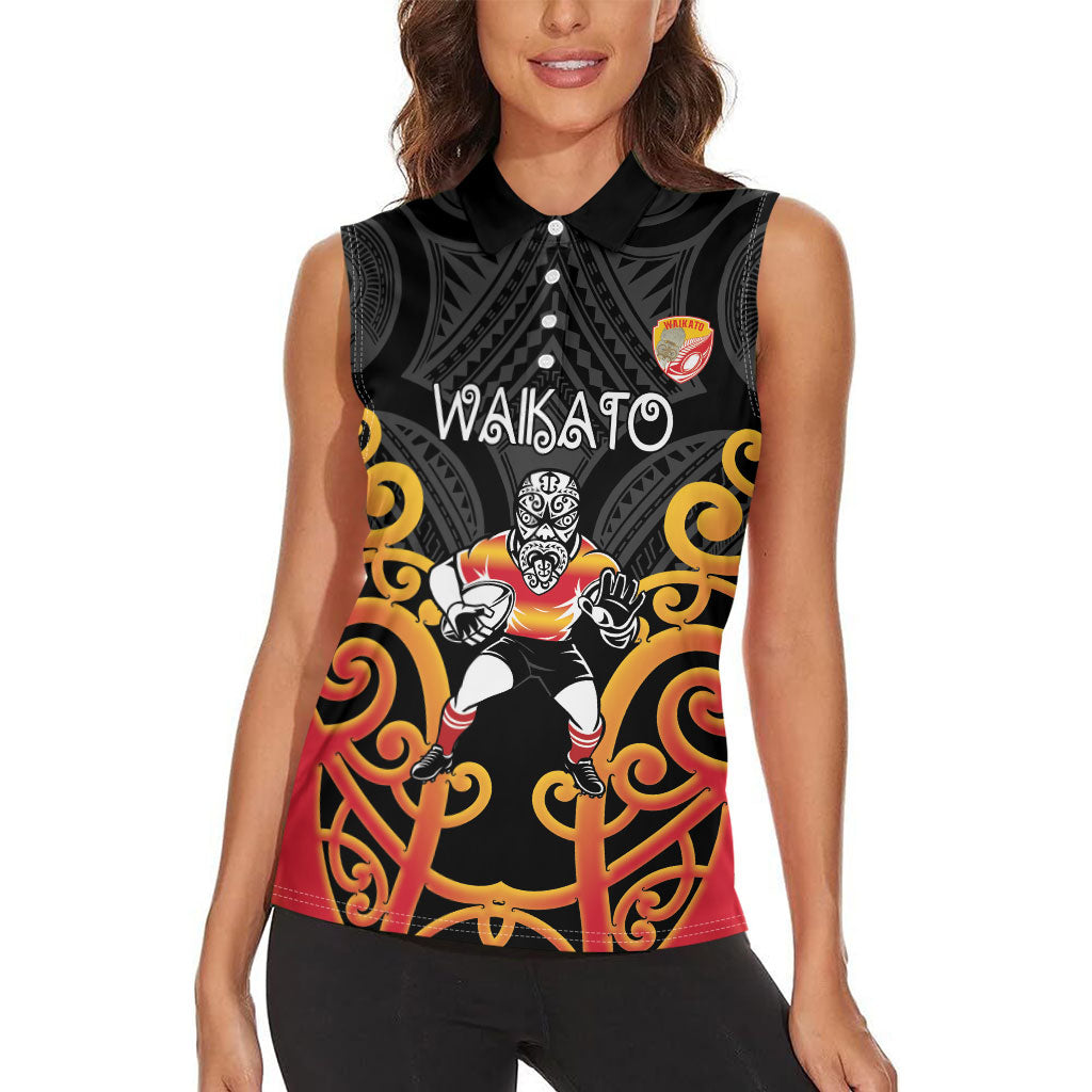 Waikato Custom Rugby New Zealand Women Sleeveless Polo Shirt Aotearoa Maori Pukana Tiki Mascot