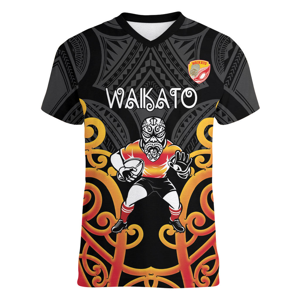 Waikato Custom Rugby New Zealand Women V-Neck T-Shirt Aotearoa Maori Pukana Tiki Mascot