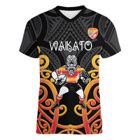 Waikato Custom Rugby New Zealand Women V-Neck T-Shirt Aotearoa Maori Pukana Tiki Mascot