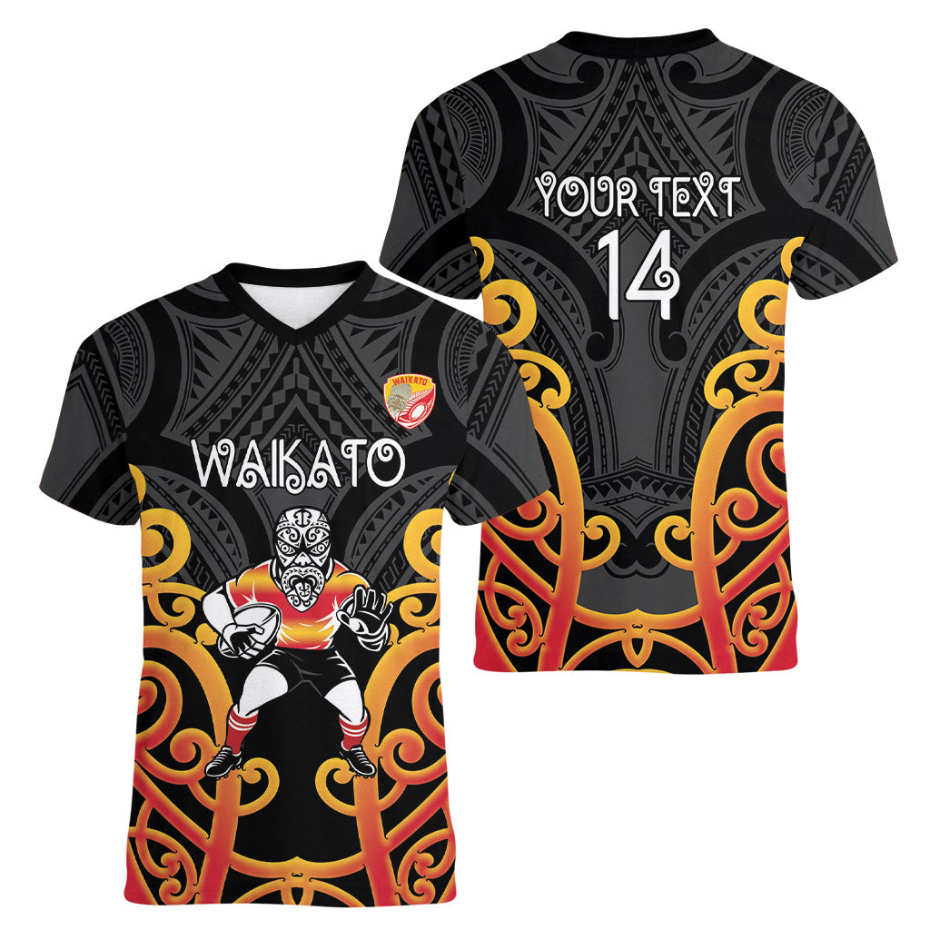 Waikato Custom Rugby New Zealand Women V-Neck T-Shirt Aotearoa Maori Pukana Tiki Mascot