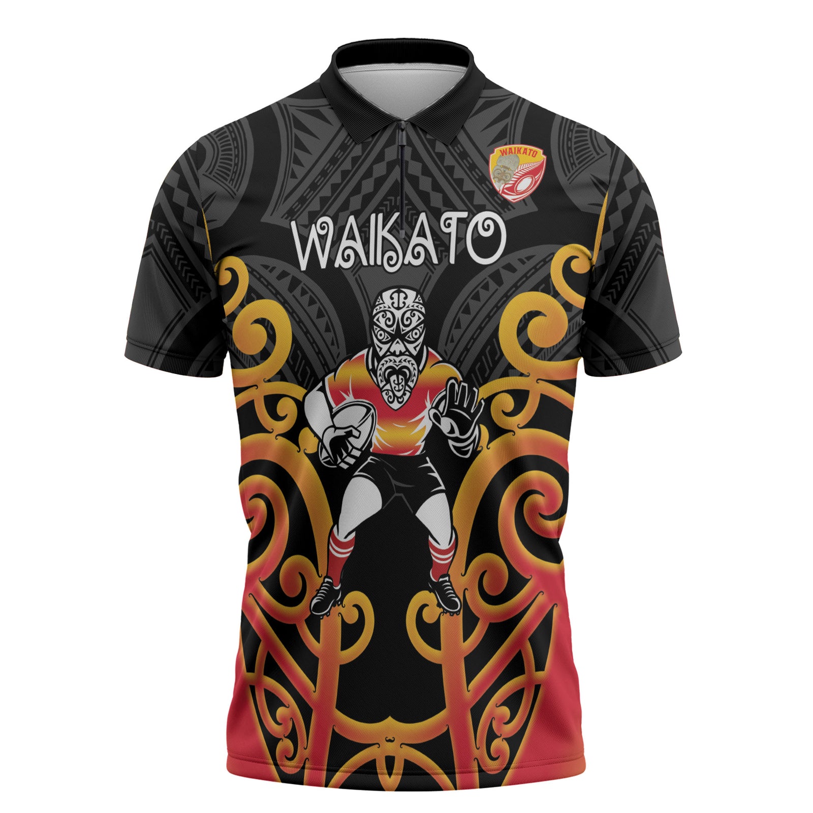Waikato Custom Rugby New Zealand Zipper Polo Shirt Aotearoa Maori Pukana Tiki Mascot