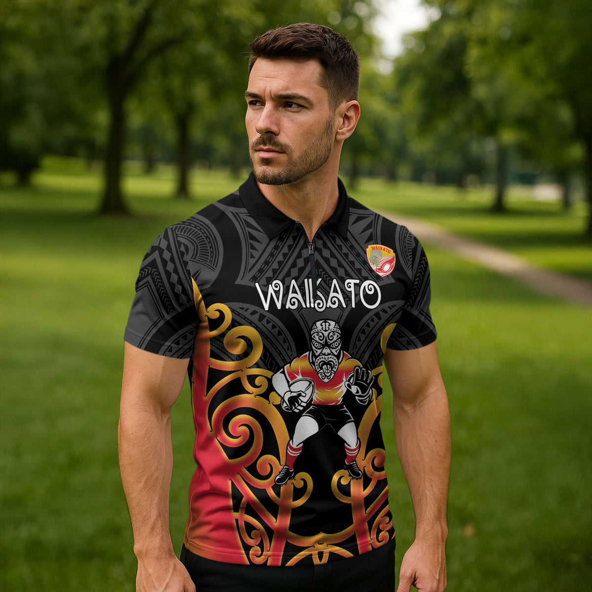 Waikato Custom Rugby New Zealand Zipper Polo Shirt Aotearoa Maori Pukana Tiki Mascot