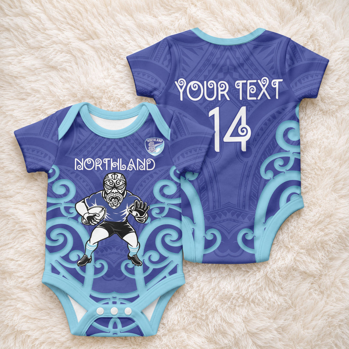 Northland Custom Rugby New Zealand Baby Onesie Aotearoa Maori Pukana Tiki Mascot