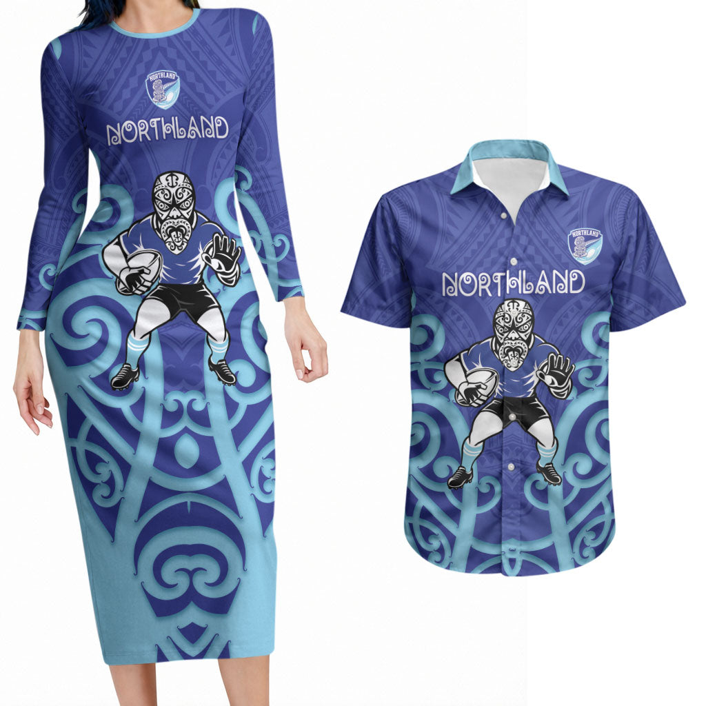 Northland Custom Rugby New Zealand Couples Matching Long Sleeve Bodycon Dress and Hawaiian Shirt Aotearoa Maori Pukana Tiki Mascot
