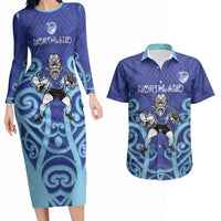 Northland Custom Rugby New Zealand Couples Matching Long Sleeve Bodycon Dress and Hawaiian Shirt Aotearoa Maori Pukana Tiki Mascot