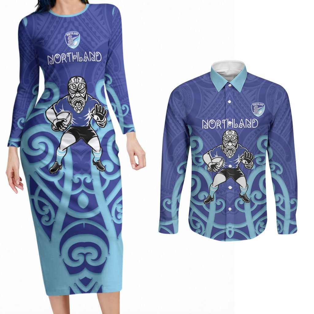 Northland Custom Rugby New Zealand Couples Matching Long Sleeve Bodycon Dress and Long Sleeve Button Shirt Aotearoa Maori Pukana Tiki Mascot