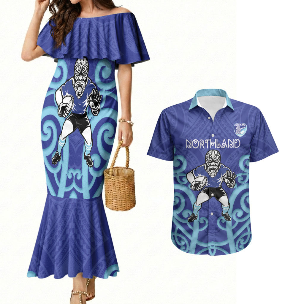 Northland Custom Rugby New Zealand Couples Matching Mermaid Dress and Hawaiian Shirt Aotearoa Maori Pukana Tiki Mascot