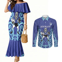Northland Custom Rugby New Zealand Couples Matching Mermaid Dress and Long Sleeve Button Shirt Aotearoa Maori Pukana Tiki Mascot