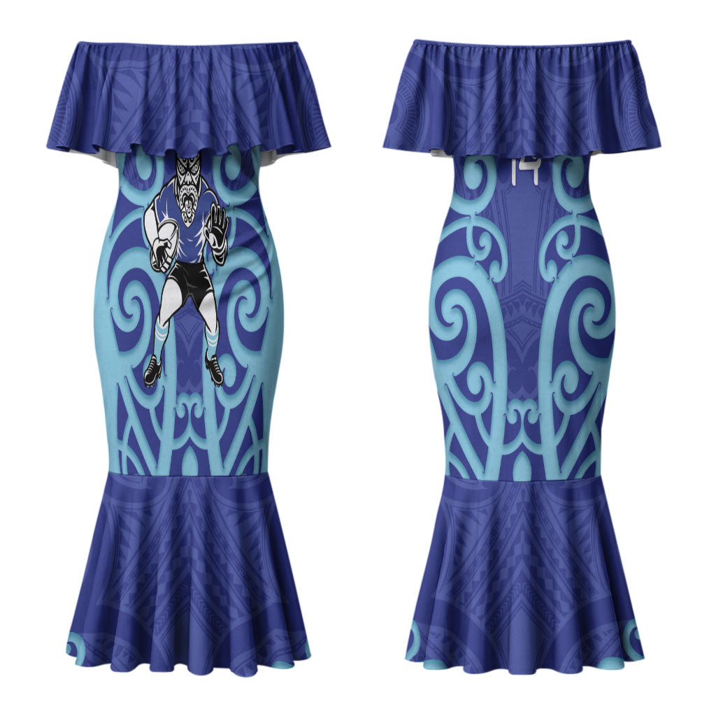 Northland Custom Rugby New Zealand Couples Matching Mermaid Dress and Long Sleeve Button Shirt Aotearoa Maori Pukana Tiki Mascot
