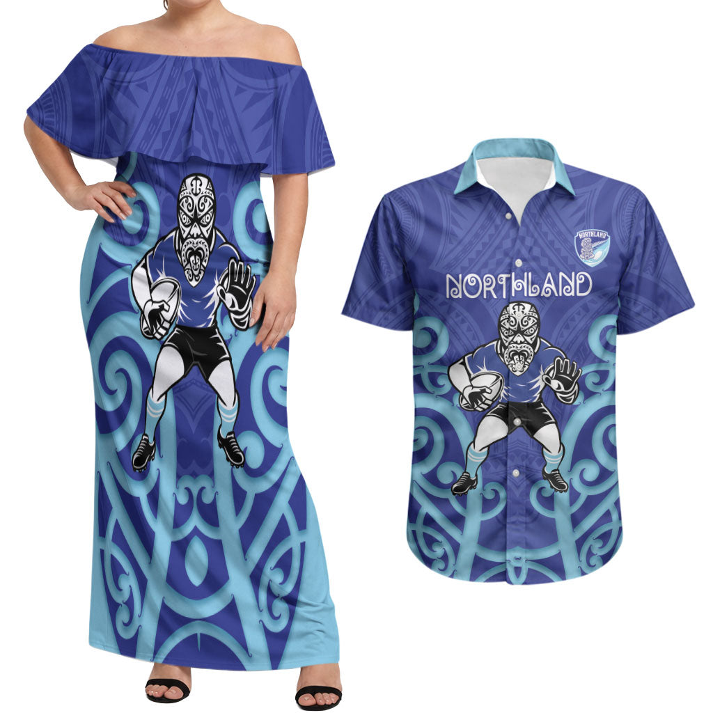 Northland Custom Rugby New Zealand Couples Matching Off Shoulder Maxi Dress and Hawaiian Shirt Aotearoa Maori Pukana Tiki Mascot