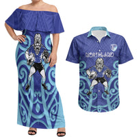 Northland Custom Rugby New Zealand Couples Matching Off Shoulder Maxi Dress and Hawaiian Shirt Aotearoa Maori Pukana Tiki Mascot