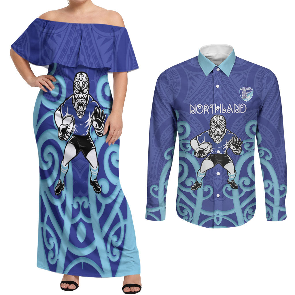 Northland Custom Rugby New Zealand Couples Matching Off Shoulder Maxi Dress and Long Sleeve Button Shirt Aotearoa Maori Pukana Tiki Mascot