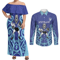 Northland Custom Rugby New Zealand Couples Matching Off Shoulder Maxi Dress and Long Sleeve Button Shirt Aotearoa Maori Pukana Tiki Mascot