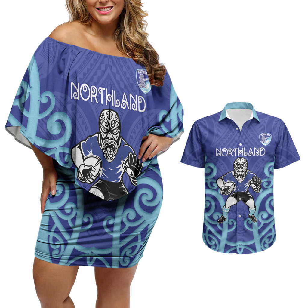 Northland Custom Rugby New Zealand Couples Matching Off Shoulder Short Dress and Hawaiian Shirt Aotearoa Maori Pukana Tiki Mascot