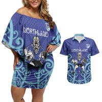 Northland Custom Rugby New Zealand Couples Matching Off Shoulder Short Dress and Hawaiian Shirt Aotearoa Maori Pukana Tiki Mascot
