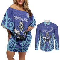 Northland Custom Rugby New Zealand Couples Matching Off Shoulder Short Dress and Long Sleeve Button Shirt Aotearoa Maori Pukana Tiki Mascot