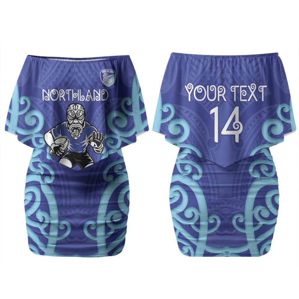 Northland Custom Rugby New Zealand Couples Matching Off Shoulder Short Dress and Long Sleeve Button Shirt Aotearoa Maori Pukana Tiki Mascot