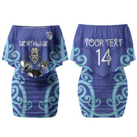 Northland Custom Rugby New Zealand Couples Matching Off Shoulder Short Dress and Long Sleeve Button Shirt Aotearoa Maori Pukana Tiki Mascot