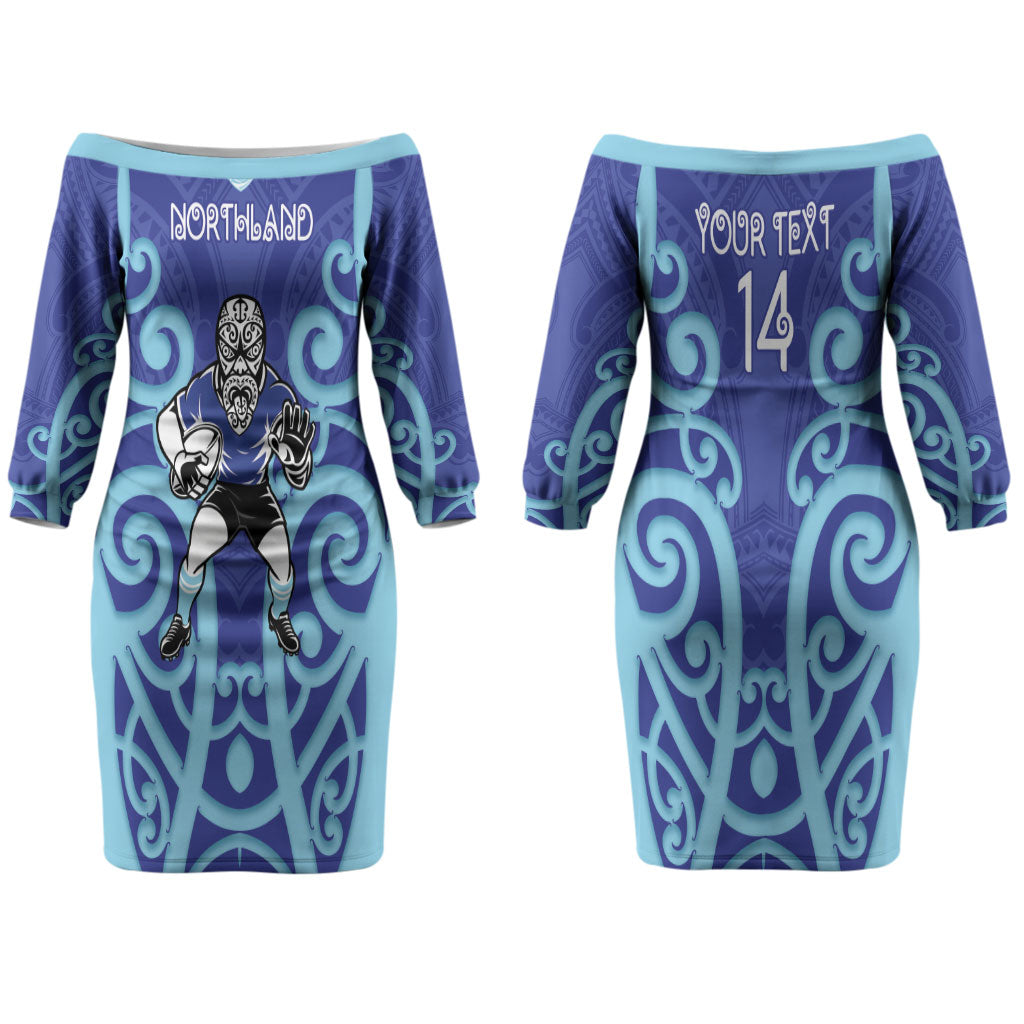 Northland Custom Rugby New Zealand Couples Matching Off The Shoulder Long Sleeve Dress and Hawaiian Shirt Aotearoa Maori Pukana Tiki Mascot