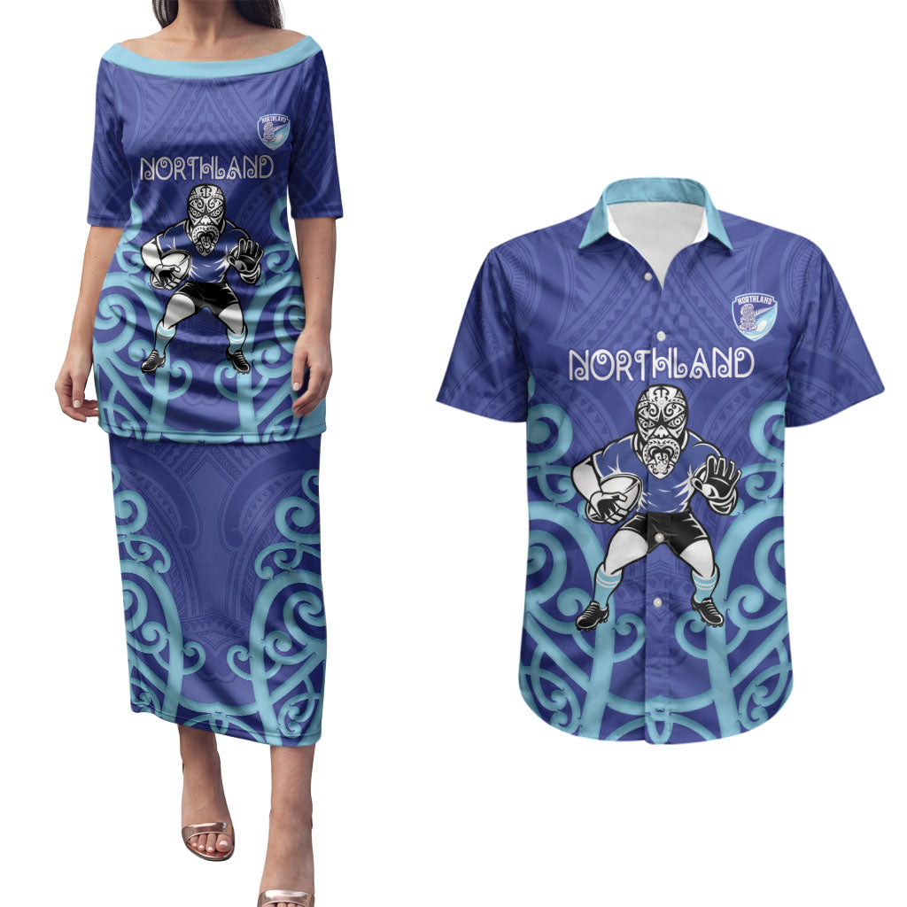 Northland Custom Rugby New Zealand Couples Matching Puletasi and Hawaiian Shirt Aotearoa Maori Pukana Tiki Mascot