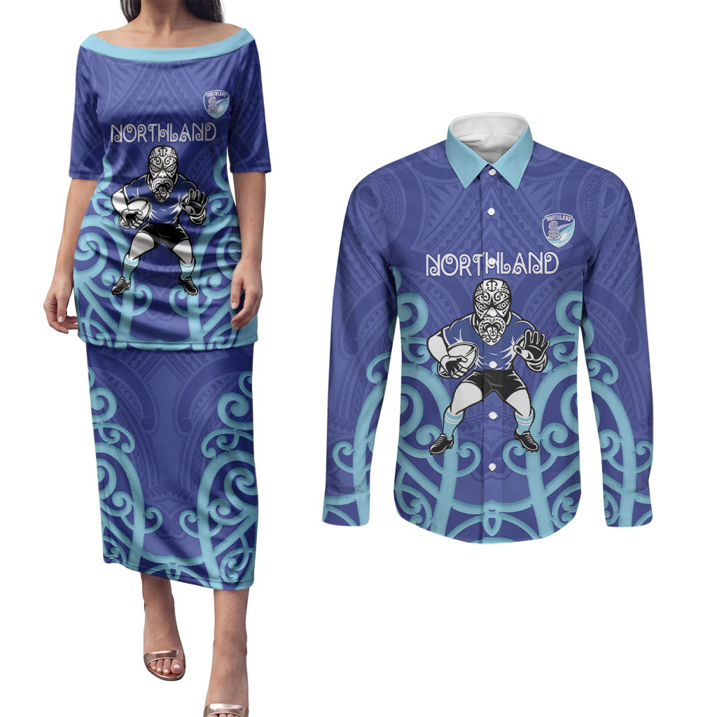 Northland Custom Rugby New Zealand Couples Matching Puletasi and Long Sleeve Button Shirt Aotearoa Maori Pukana Tiki Mascot