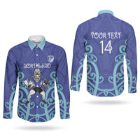 Northland Custom Rugby New Zealand Couples Matching Puletasi and Long Sleeve Button Shirt Aotearoa Maori Pukana Tiki Mascot