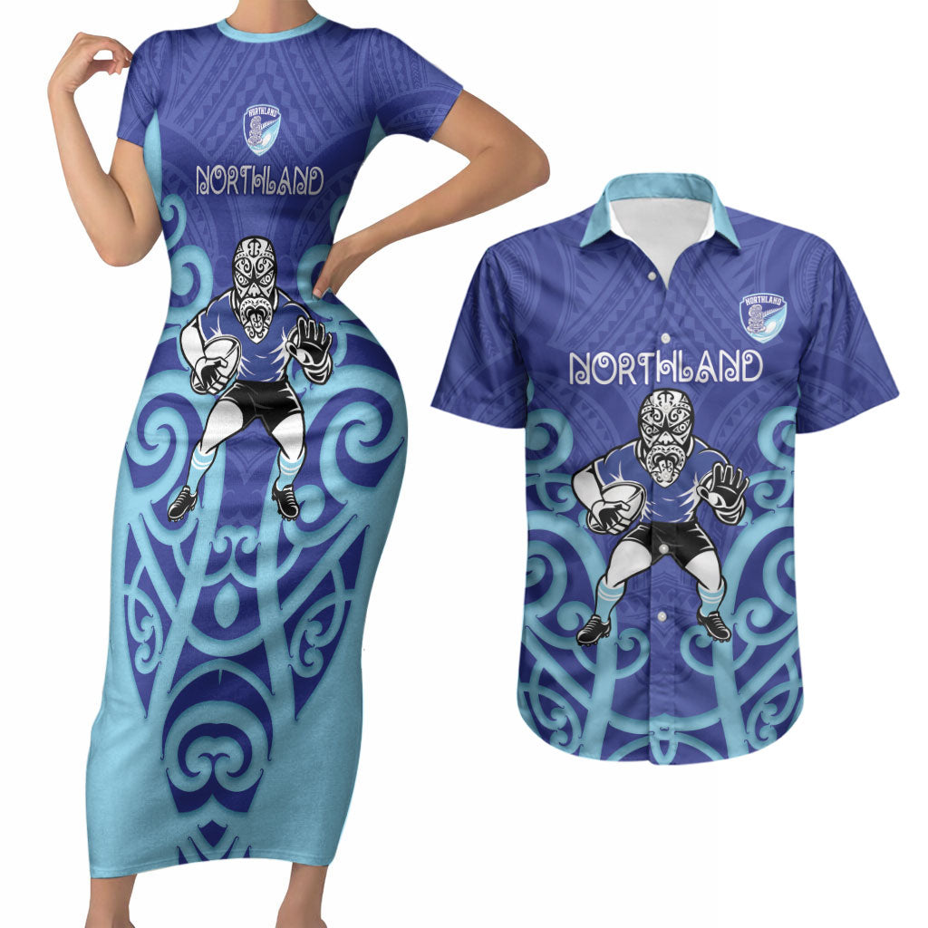 Northland Custom Rugby New Zealand Couples Matching Short Sleeve Bodycon Dress and Hawaiian Shirt Aotearoa Maori Pukana Tiki Mascot