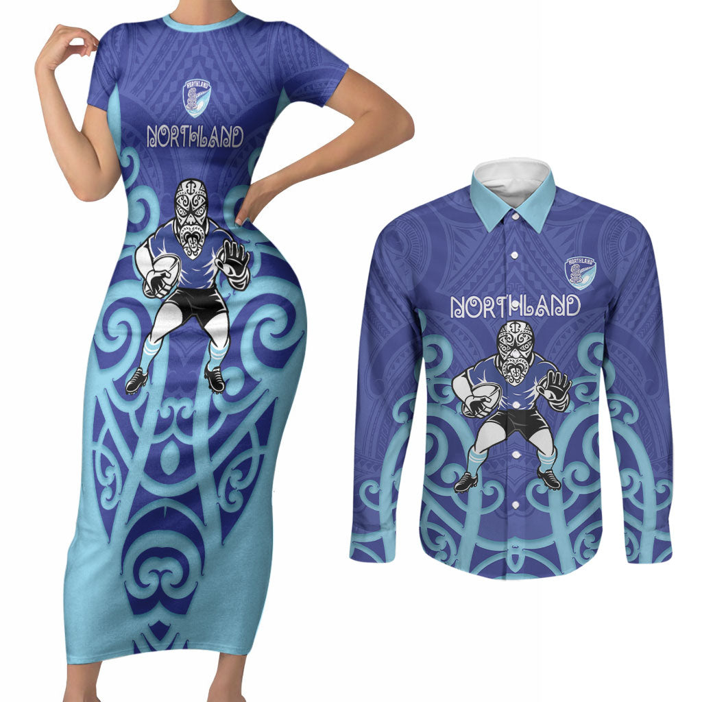 Northland Custom Rugby New Zealand Couples Matching Short Sleeve Bodycon Dress and Long Sleeve Button Shirt Aotearoa Maori Pukana Tiki Mascot