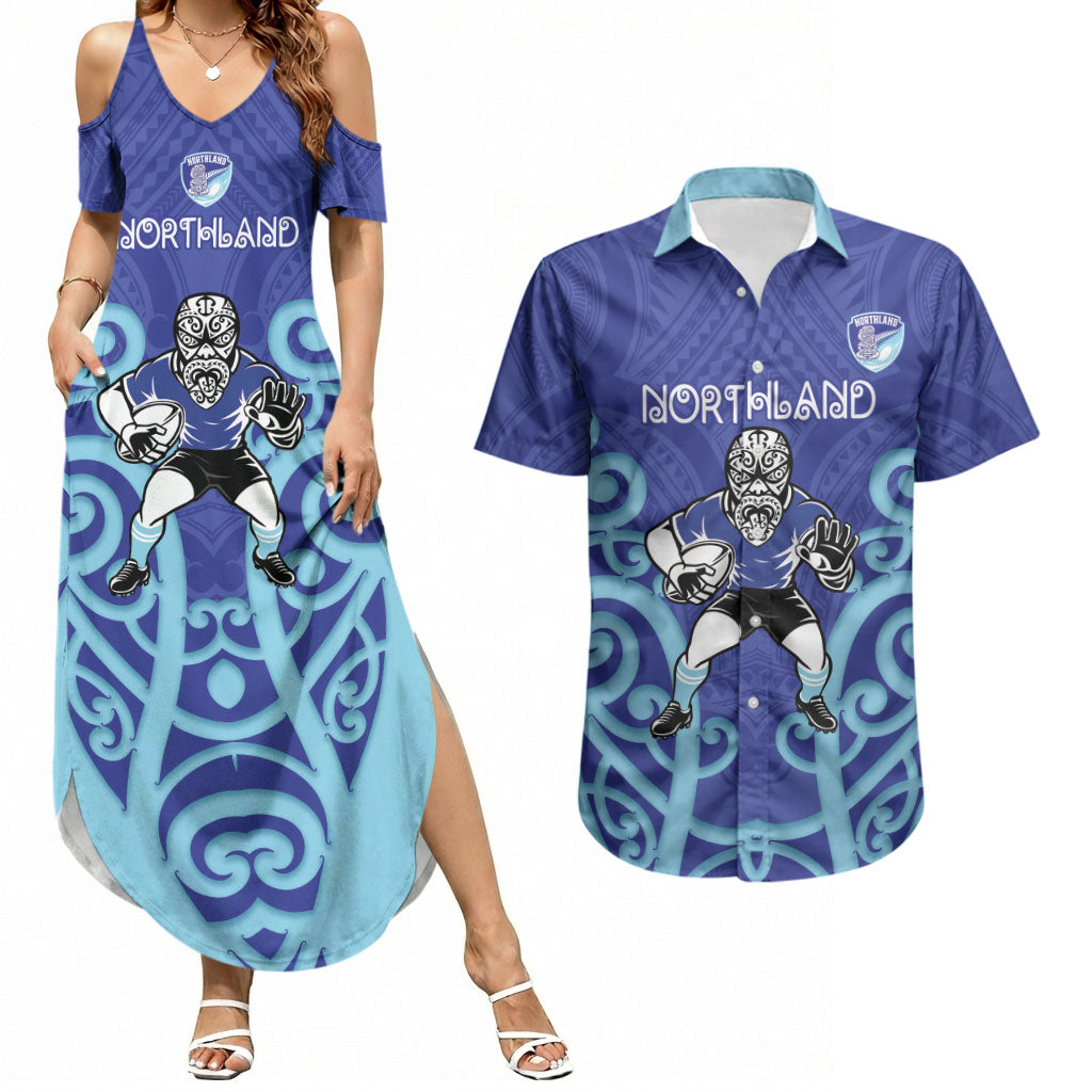 Northland Custom Rugby New Zealand Couples Matching Summer Maxi Dress and Hawaiian Shirt Aotearoa Maori Pukana Tiki Mascot