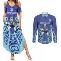 Northland Custom Rugby New Zealand Couples Matching Summer Maxi Dress and Long Sleeve Button Shirt Aotearoa Maori Pukana Tiki Mascot