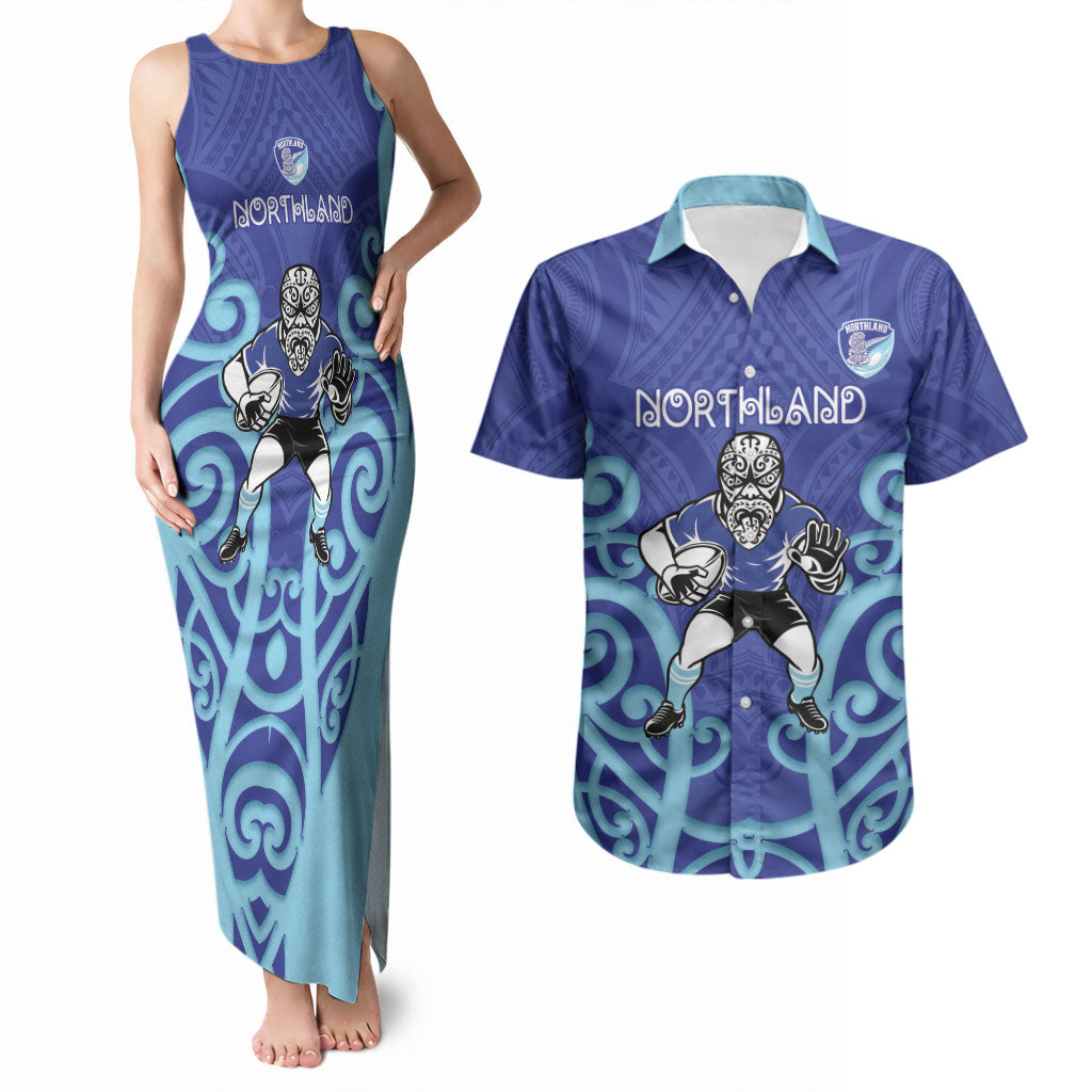 Northland Custom Rugby New Zealand Couples Matching Tank Maxi Dress and Hawaiian Shirt Aotearoa Maori Pukana Tiki Mascot