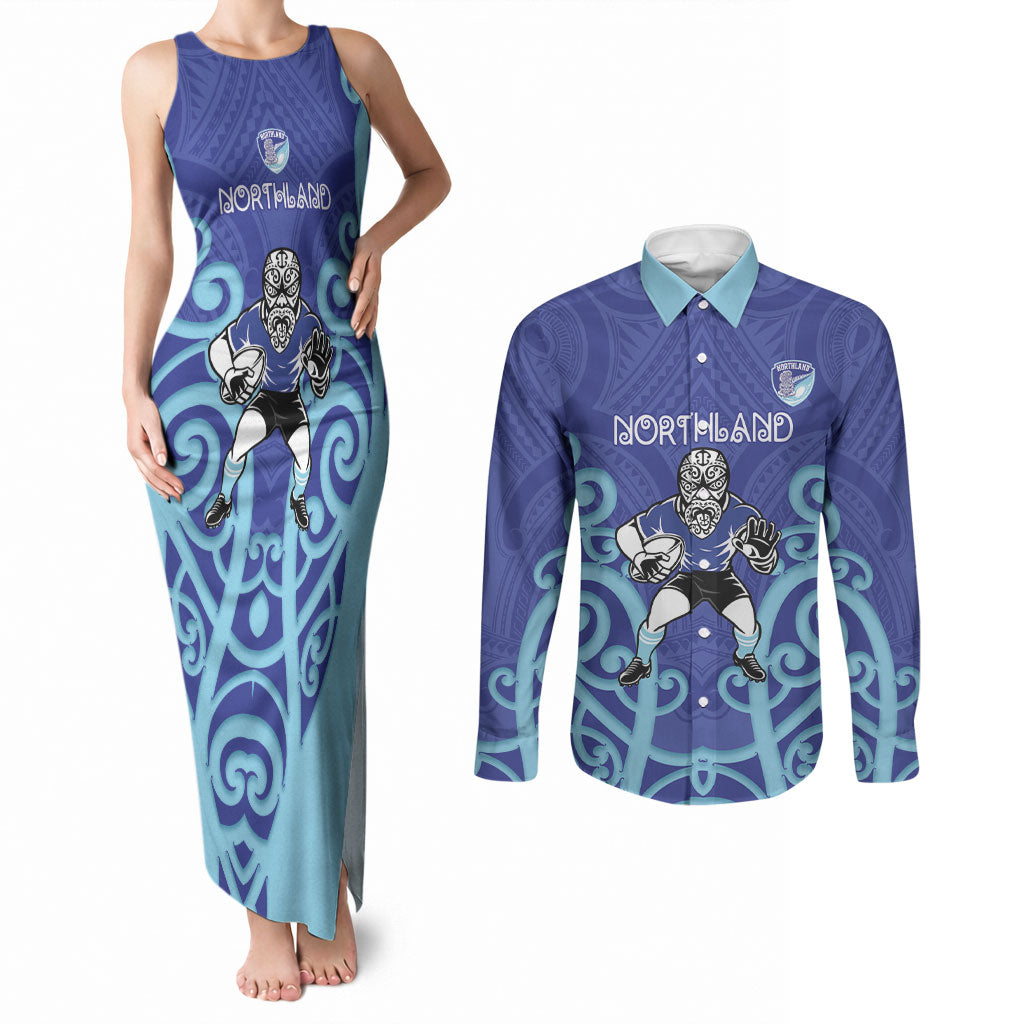Northland Custom Rugby New Zealand Couples Matching Tank Maxi Dress and Long Sleeve Button Shirt Aotearoa Maori Pukana Tiki Mascot