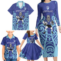 Northland Custom Rugby New Zealand Family Matching Long Sleeve Bodycon Dress and Hawaiian Shirt Aotearoa Maori Pukana Tiki Mascot