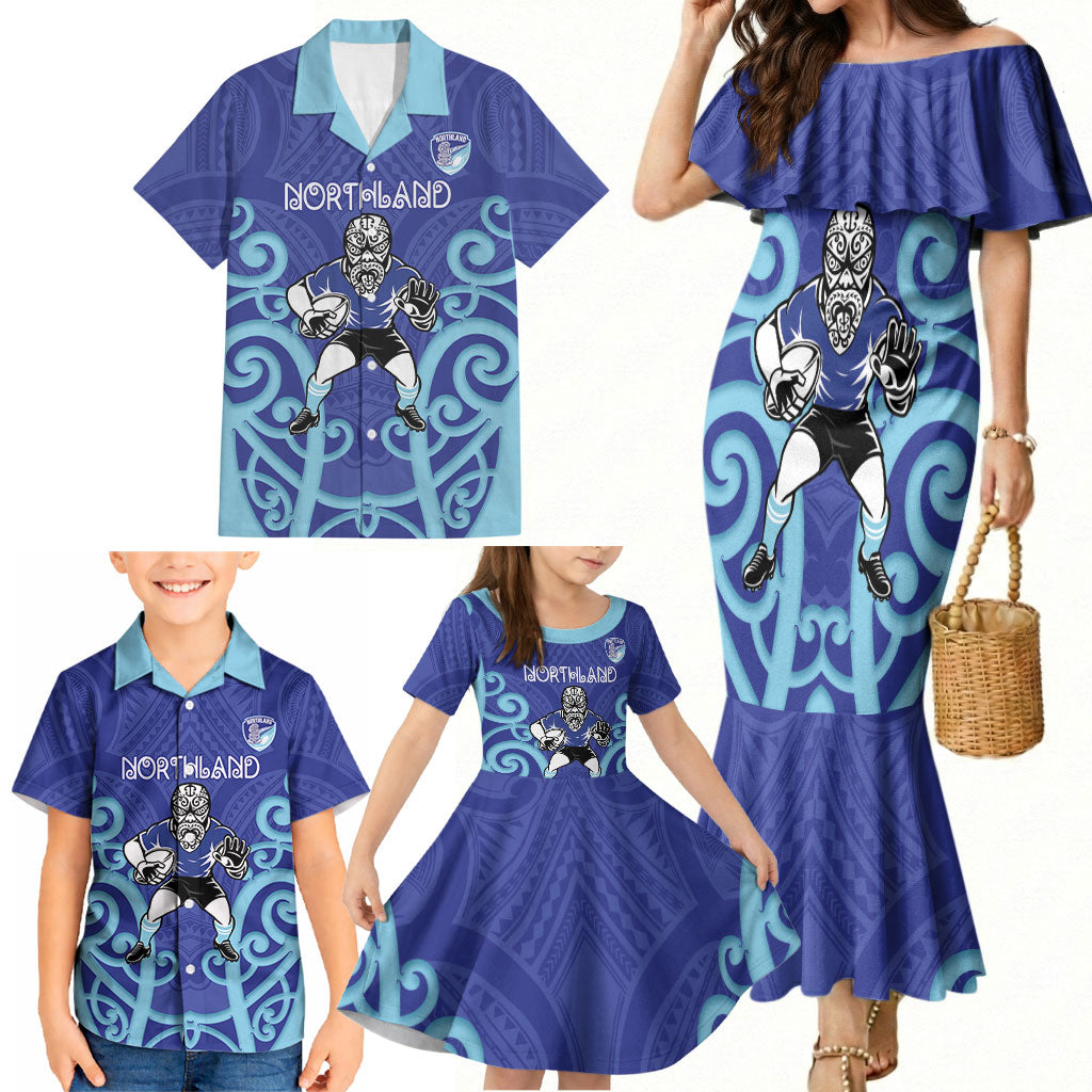 Northland Custom Rugby New Zealand Family Matching Mermaid Dress and Hawaiian Shirt Aotearoa Maori Pukana Tiki Mascot