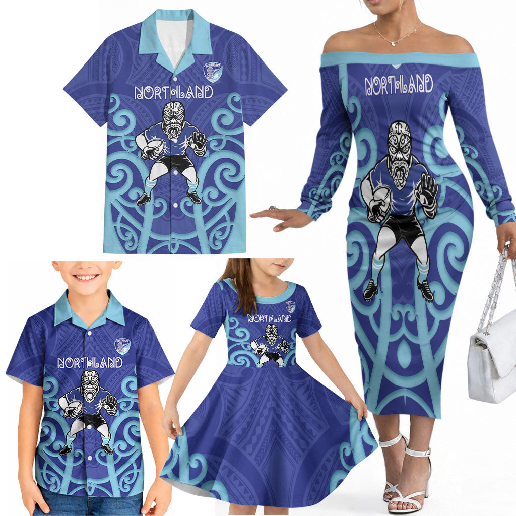 Northland Custom Rugby New Zealand Family Matching Off The Shoulder Long Sleeve Dress and Hawaiian Shirt Aotearoa Maori Pukana Tiki Mascot