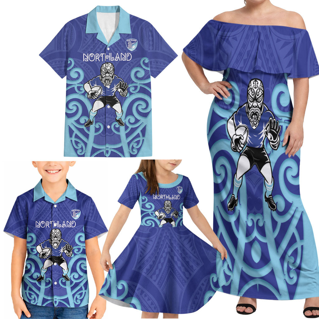 Northland Custom Rugby New Zealand Family Matching Off Shoulder Maxi Dress and Hawaiian Shirt Aotearoa Maori Pukana Tiki Mascot