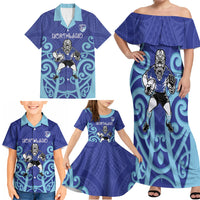 Northland Custom Rugby New Zealand Family Matching Off Shoulder Maxi Dress and Hawaiian Shirt Aotearoa Maori Pukana Tiki Mascot