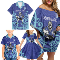 Northland Custom Rugby New Zealand Family Matching Off Shoulder Short Dress and Hawaiian Shirt Aotearoa Maori Pukana Tiki Mascot