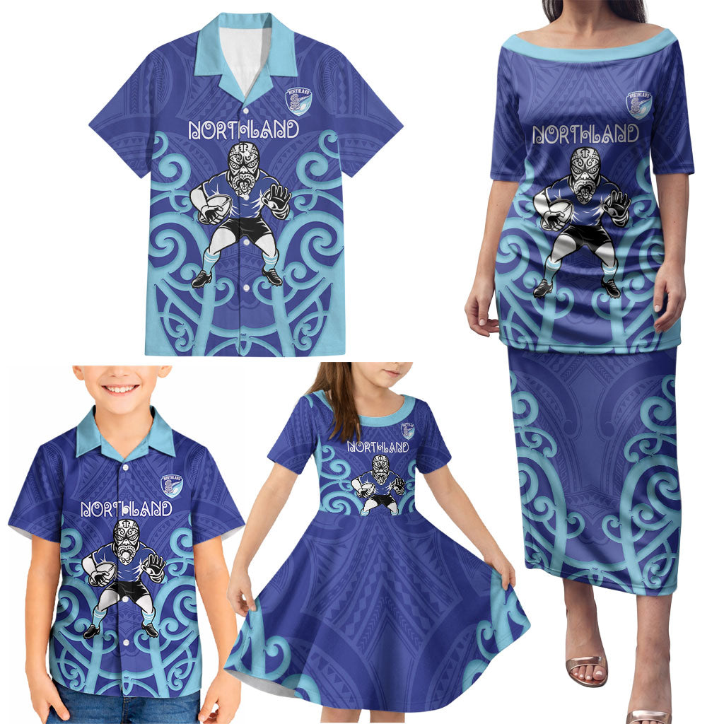 Northland Custom Rugby New Zealand Family Matching Puletasi and Hawaiian Shirt Aotearoa Maori Pukana Tiki Mascot