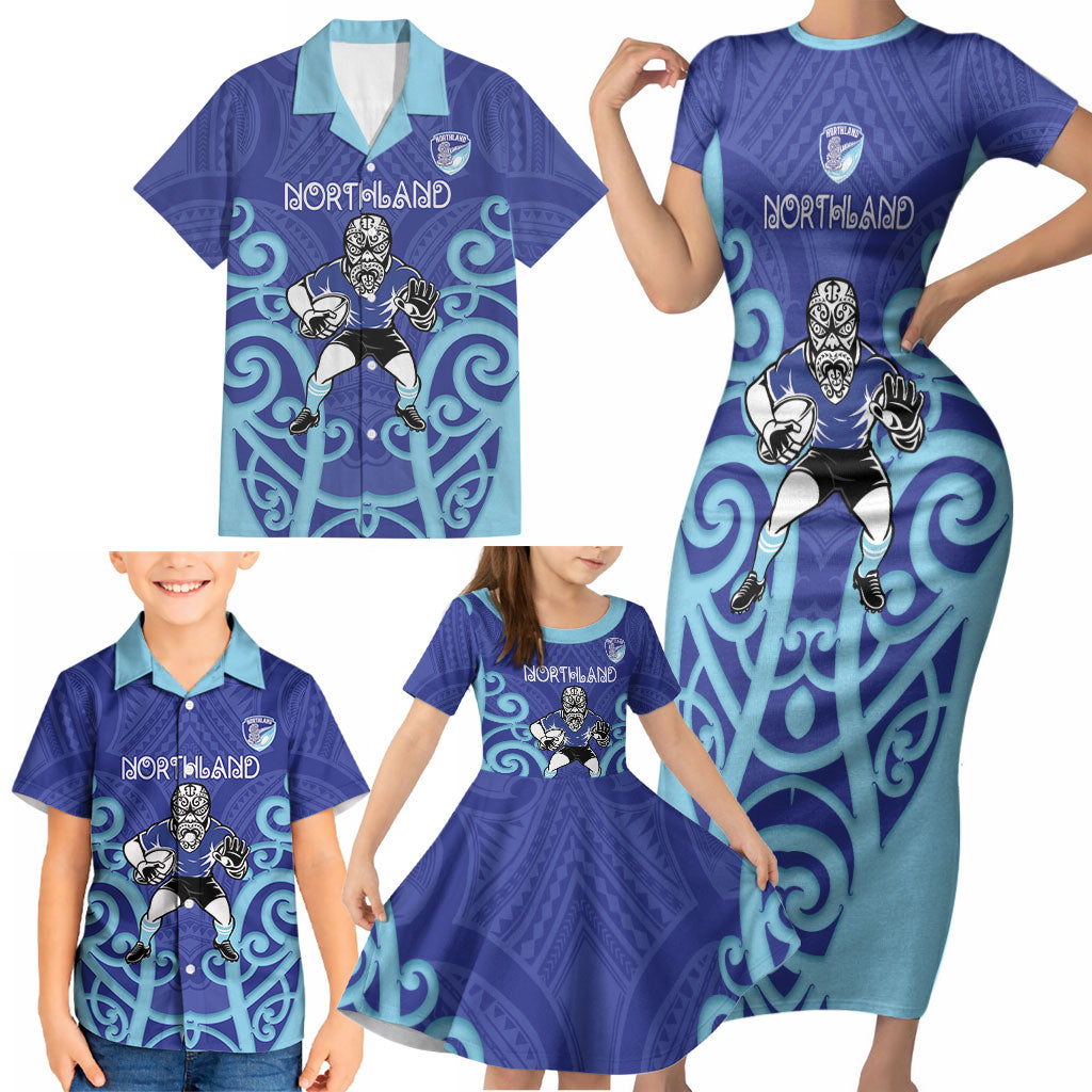 Northland Custom Rugby New Zealand Family Matching Short Sleeve Bodycon Dress and Hawaiian Shirt Aotearoa Maori Pukana Tiki Mascot