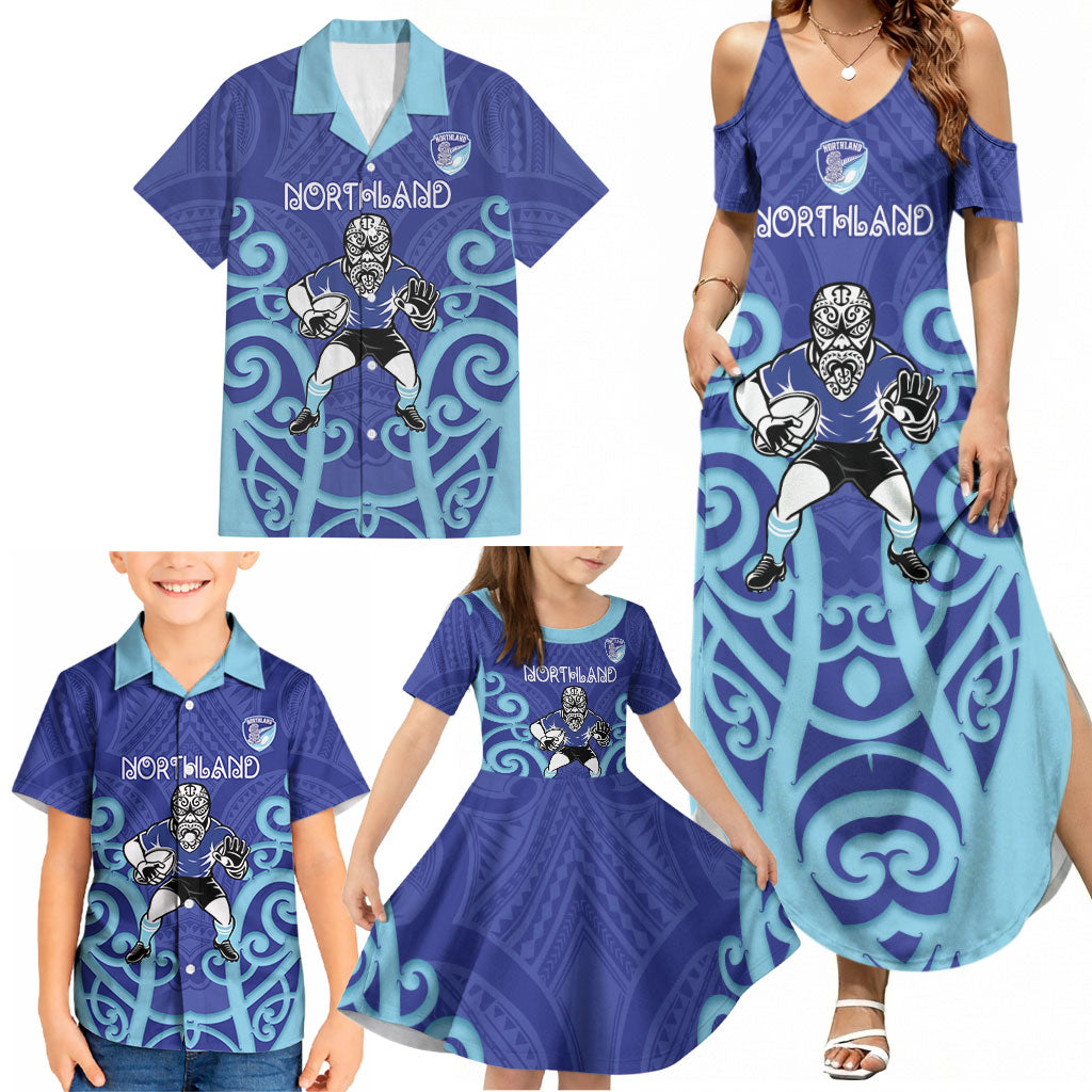 Northland Custom Rugby New Zealand Family Matching Summer Maxi Dress and Hawaiian Shirt Aotearoa Maori Pukana Tiki Mascot
